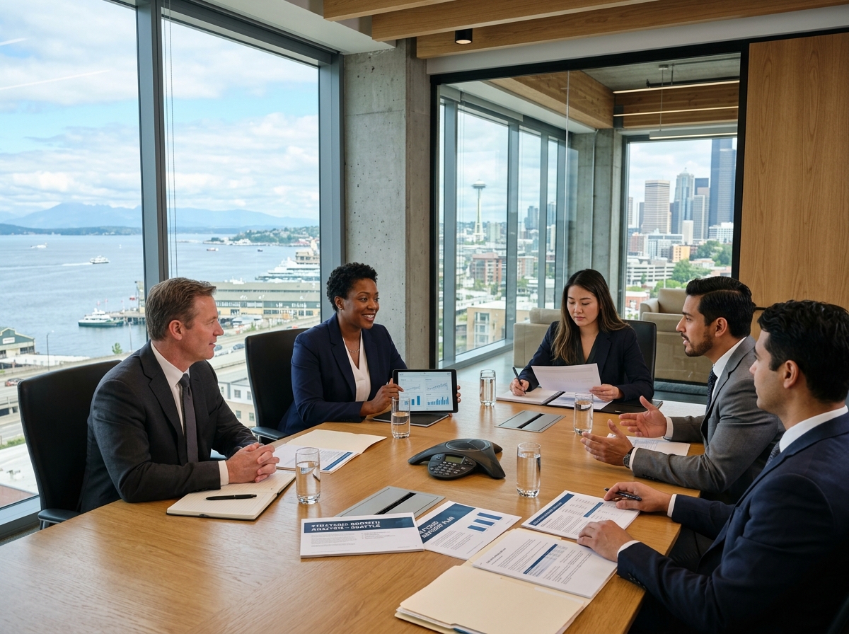 Corporate executive advisory team meeting at Seattle office