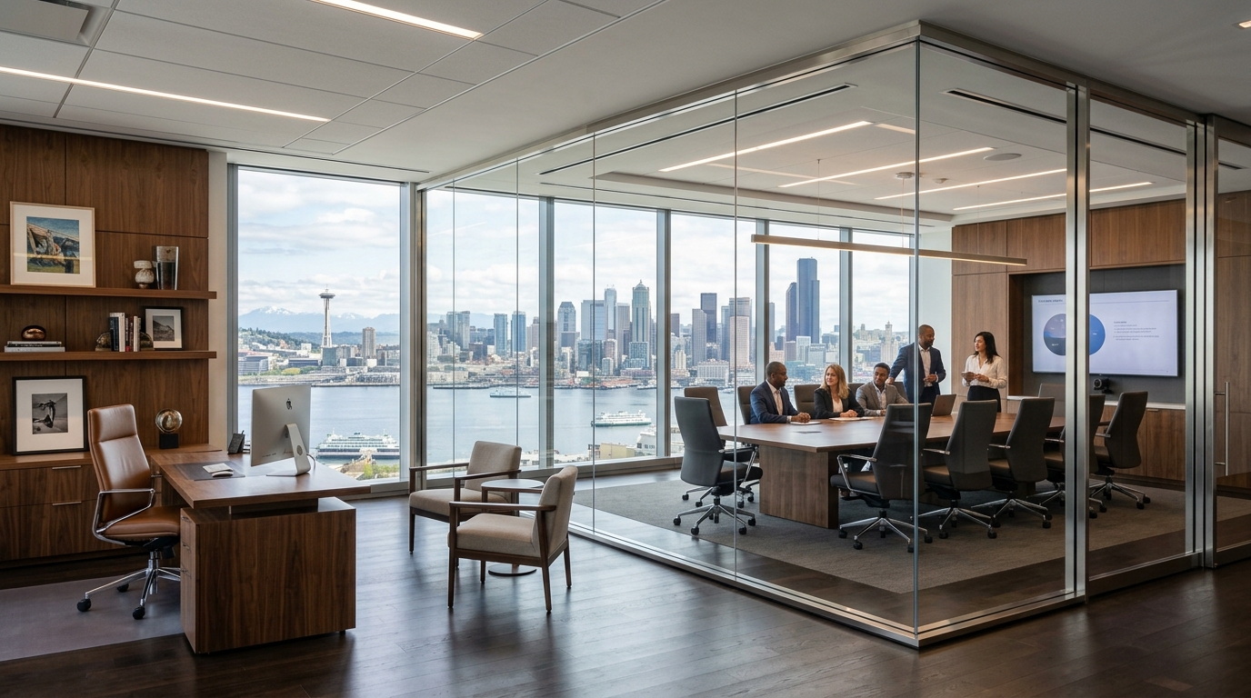 Executive corporate office overlooking Seattle downtown skyline
